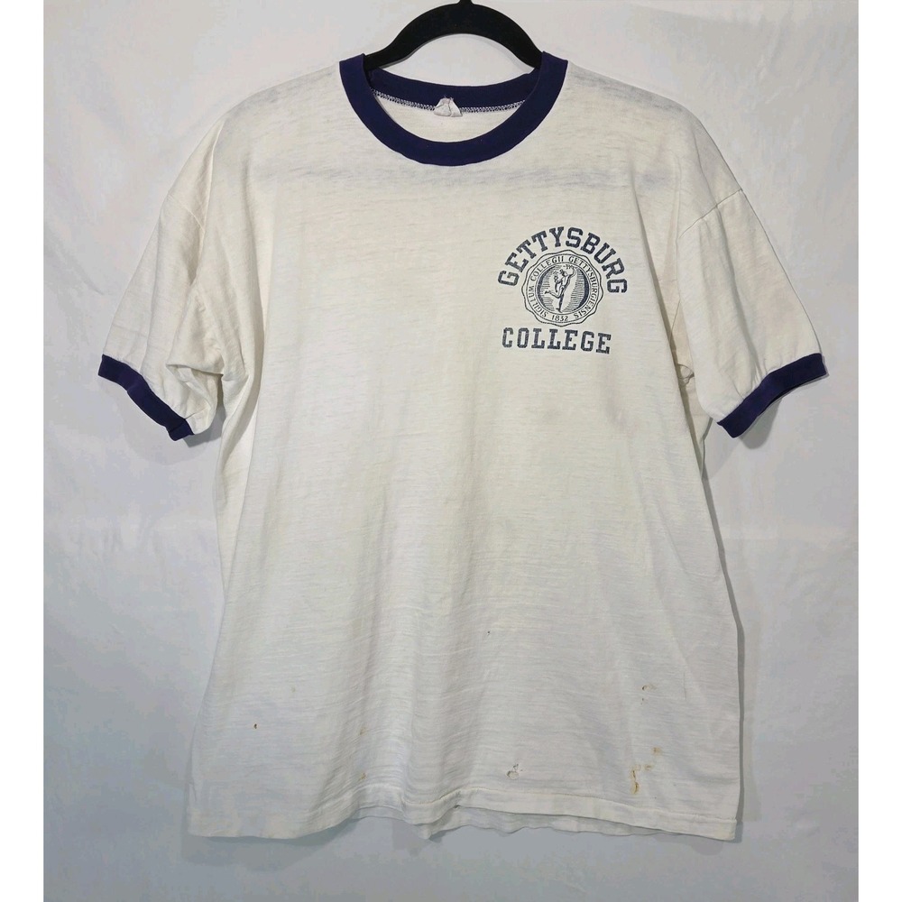 60s Champion Ringer Tee Mens XL White Navy Gettysburg College Vintage Distressed